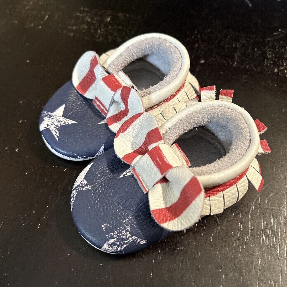 Made By Molly Leather Moccasins American Flag Size 0-6 Months Bow Fringe